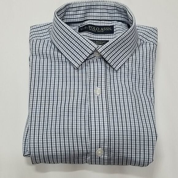 US Polo Assn. Shirt Men's 15 32/33 Plaid Blue Grey Wrinkle Resistance - Picture 8 of 9